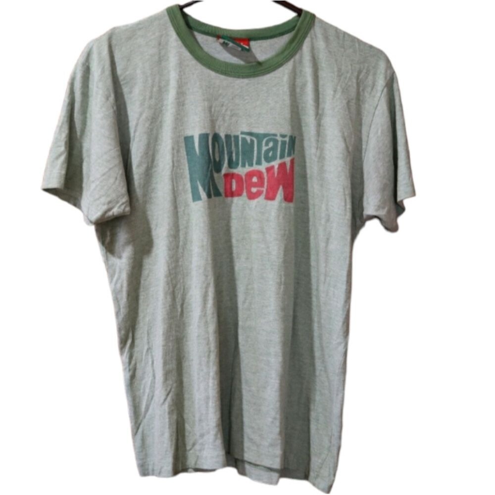 Vintage Mountain Dew Green Ringer T-Shirt Spellout Logo Made in USA Large